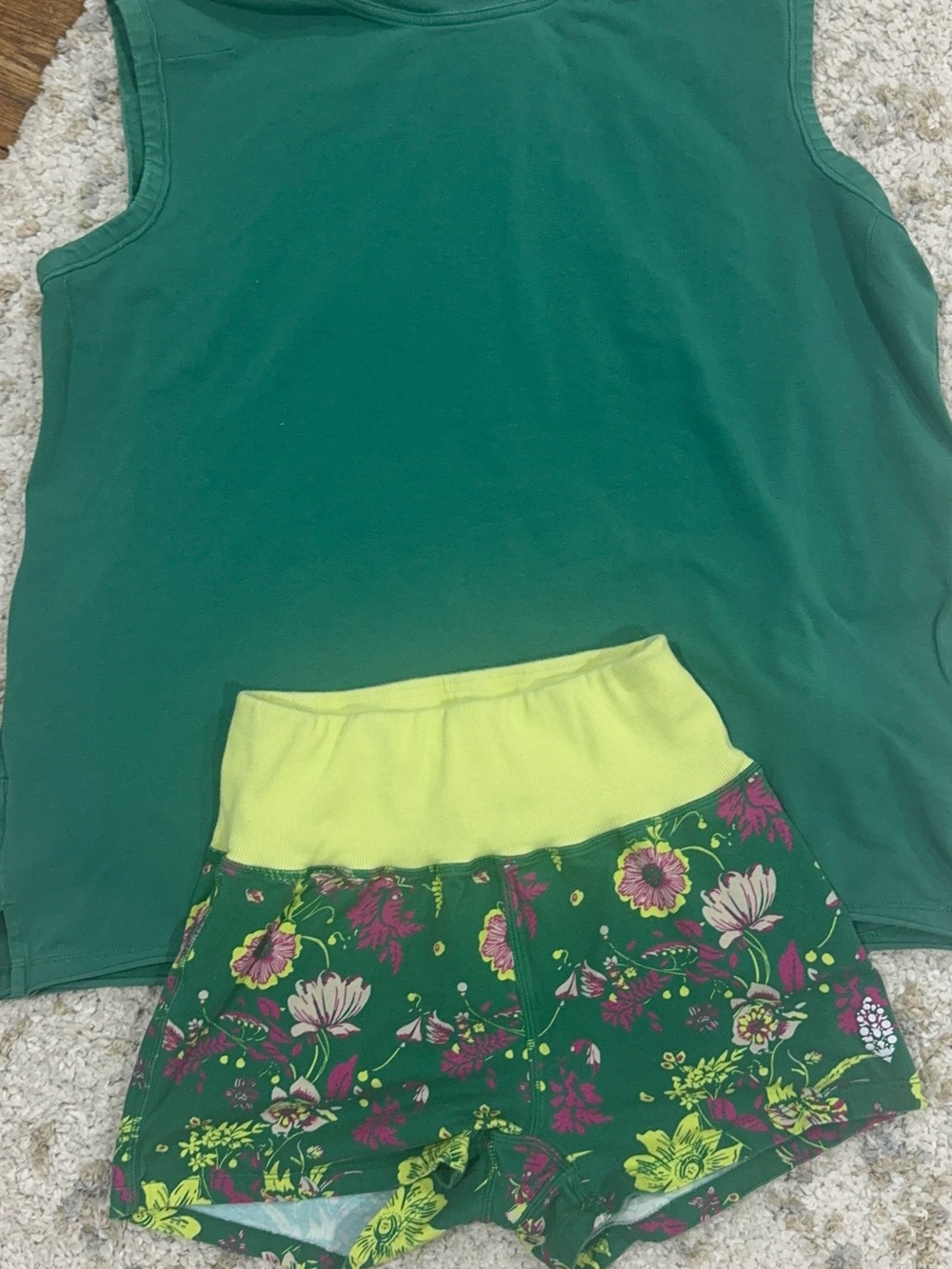 Free People Green Tank Top with Floral Green & Yellow Waistband Shorts